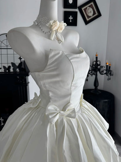 Strapless White Satin Birthday Dress With Bow Knots  P2672