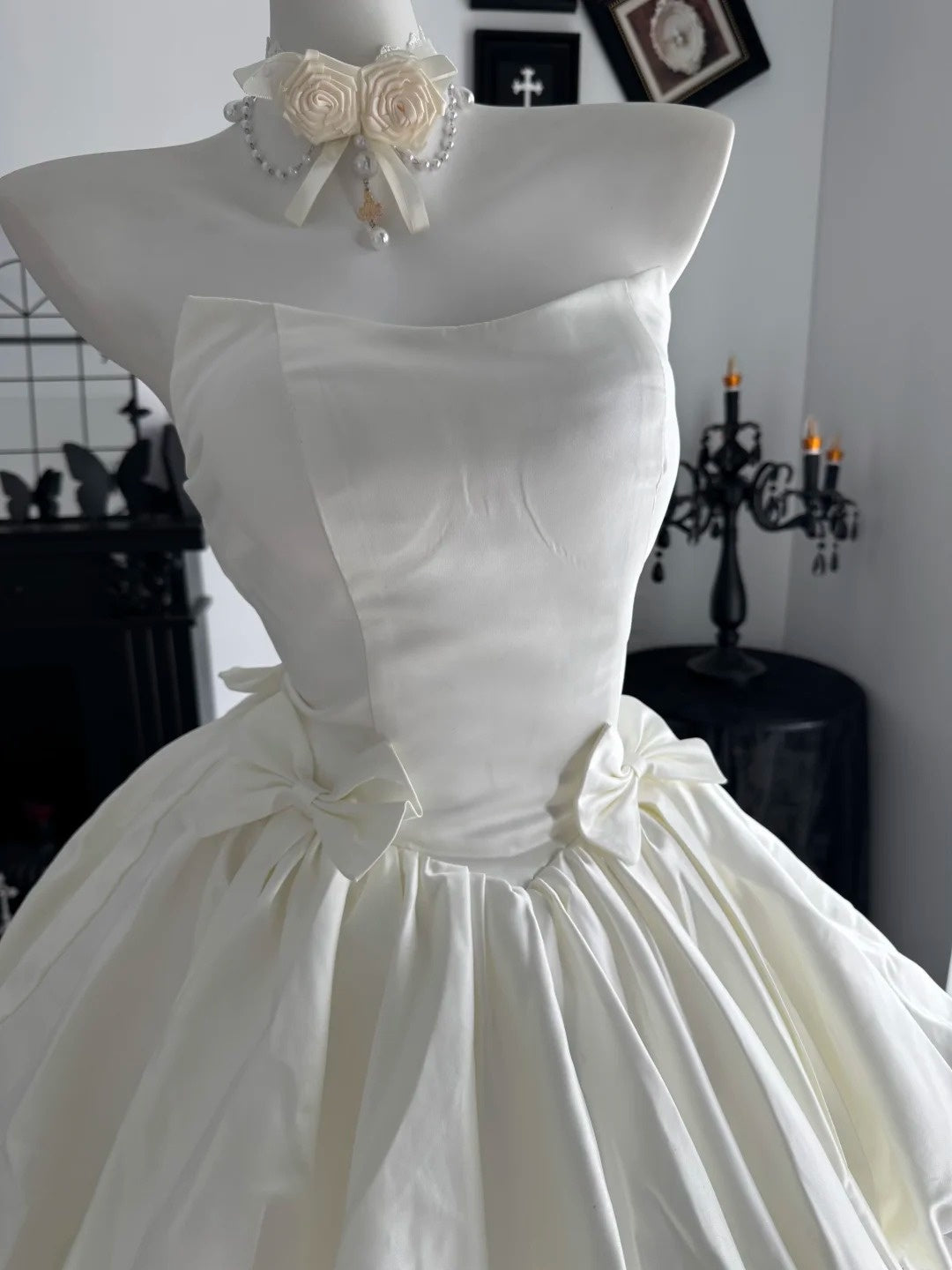 Strapless White Satin Birthday Dress With Bow Knots  P2672