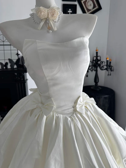 Strapless White Satin Birthday Dress With Bow Knots  P2672