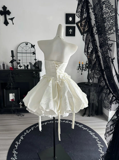 Strapless White Satin Birthday Dress With Bow Knots  P2672