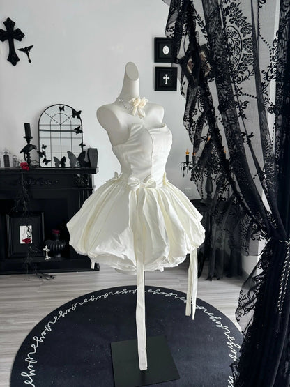Strapless White Satin Birthday Dress With Bow Knots  P2672