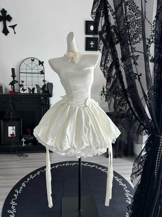 Strapless White Satin Birthday Dress With Bow Knots  P2672
