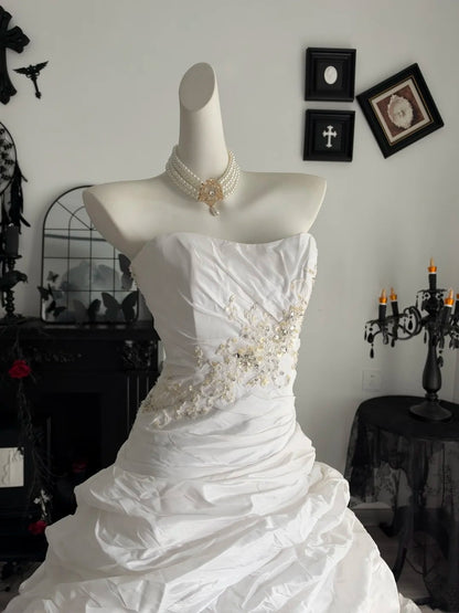 Strapless White Wedding Dress A Line Birthday Gown With Appliques  P2693