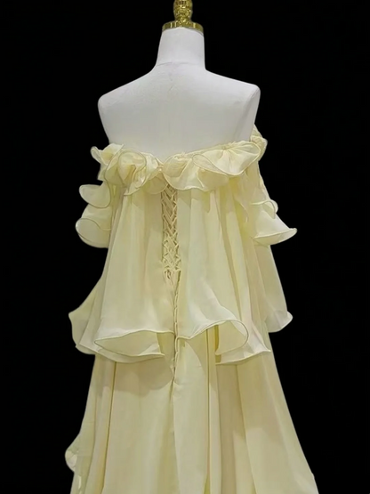 Strapless Yellow Chiffon Prom Dress Ruffled A Line Wedding Guest Dress  P810