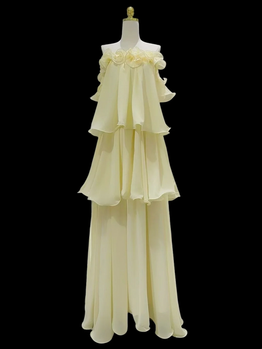 Strapless Yellow Chiffon Prom Dress Ruffled A Line Wedding Guest Dress  P810