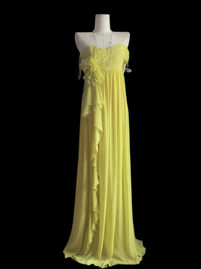 Strapless Yellow Chiffon Wedding Guest Dress A Line Formal Prom Dress  P1690