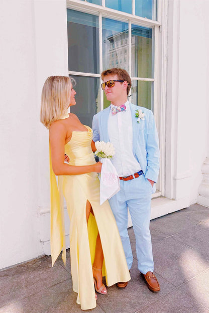 Strapless Yellow Formal Long Prom Dress With Scarf  P2476