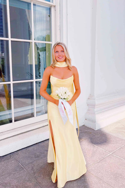 Strapless Yellow Formal Long Prom Dress With Scarf  P2476
