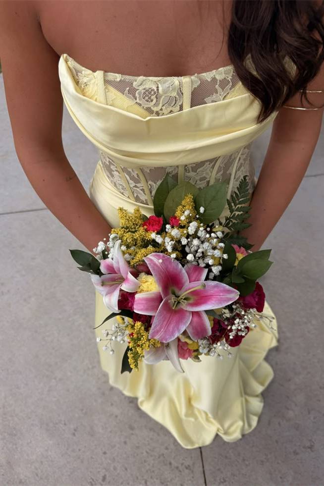 Strapless Yellow Lace Corset Long Prom Dress With Slit  P2474