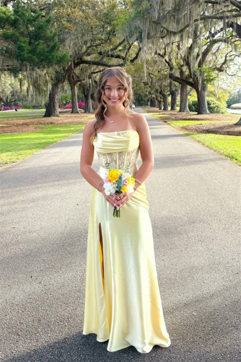Strapless Yellow Lace Corset Long Prom Dress With Slit  P2474