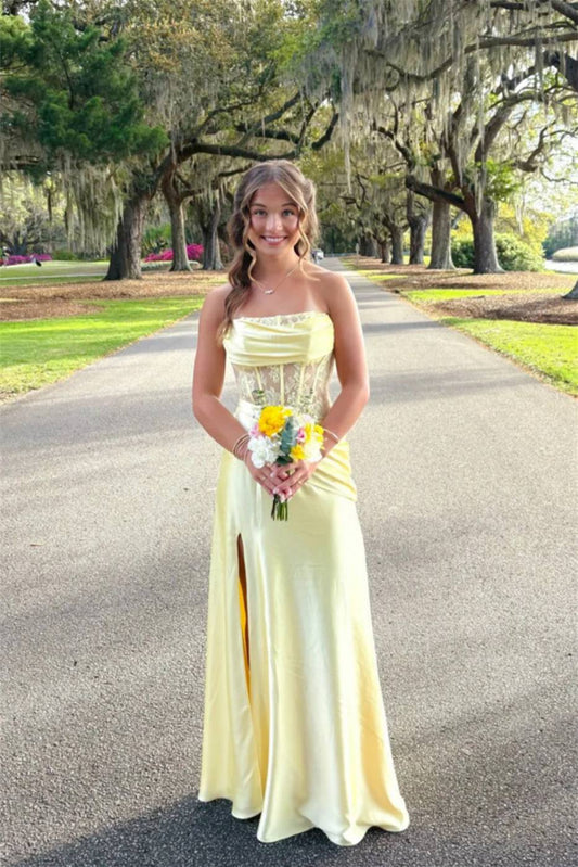 Strapless Yellow Lace Corset Long Prom Dress With Slit  P2474