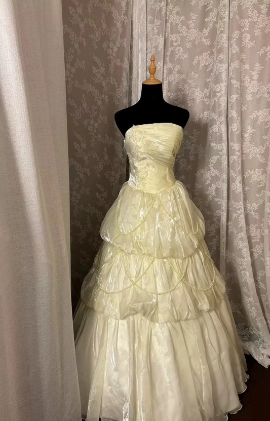 Strapless Yellow Organza Prom Dress A Line Birthday Gown  P827