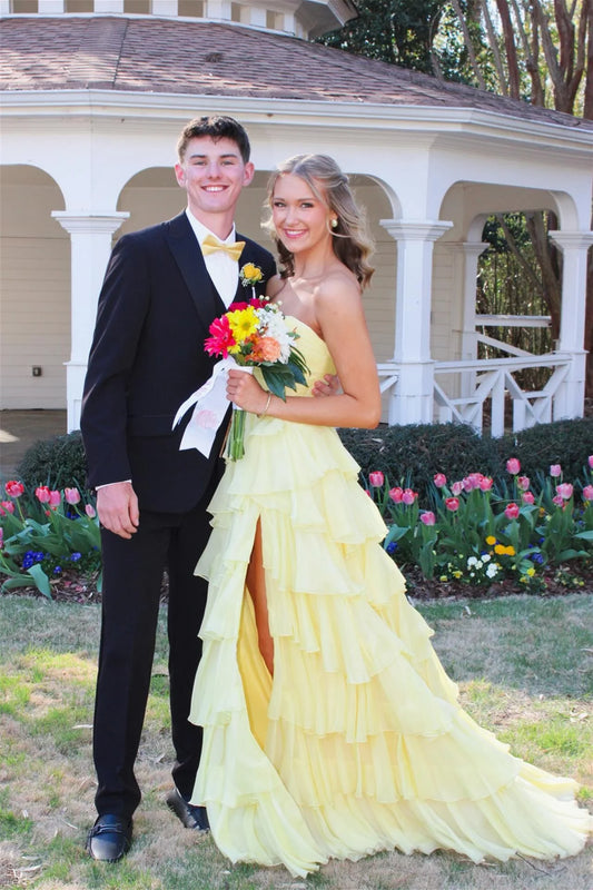 Strapless Yellow Pleated Tiered Long Prom Dress With Slit  P2537
