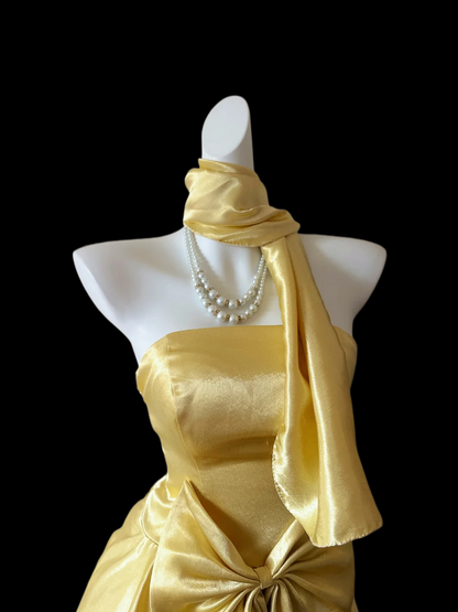 Strapless Yellow Satin Prom Dress A Line Formal Dress With Scarf  P1070