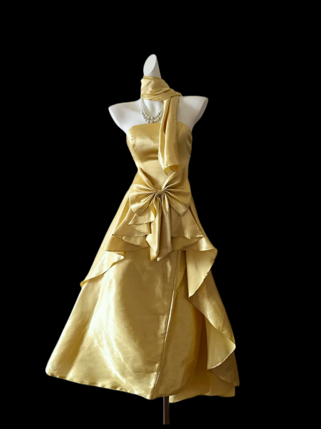 Strapless Yellow Satin Prom Dress A Line Formal Dress With Scarf  P1070