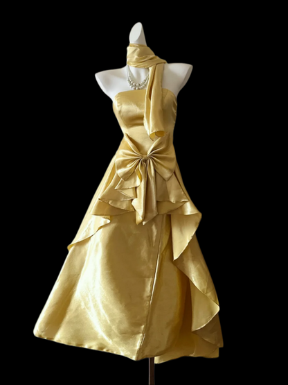 Strapless Yellow Satin Prom Dress A Line Formal Dress With Scarf  P1070