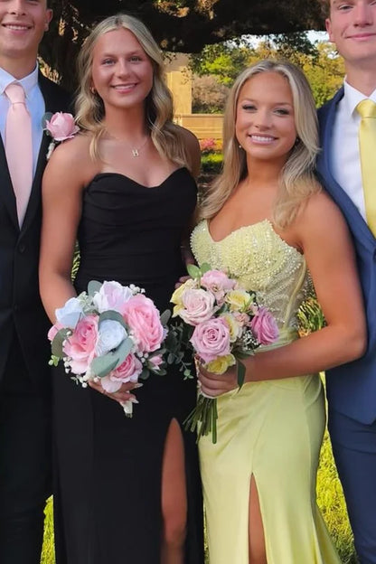 Strapless Yellow Satin Prom Dress Beaded Formal Dress  P1145