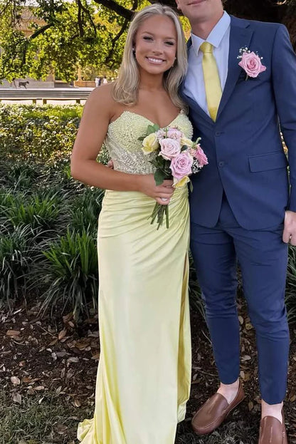 Strapless Yellow Satin Prom Dress Beaded Formal Dress  P1145
