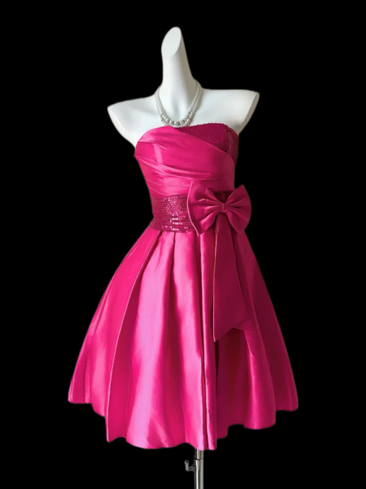 Strapless Hot Pink A Line Short Dress Satin Birthday Dress With Bow  P1067