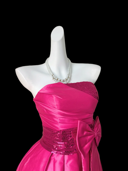 Strapless Hot Pink A Line Short Dress Satin Birthday Dress With Bow  P1067