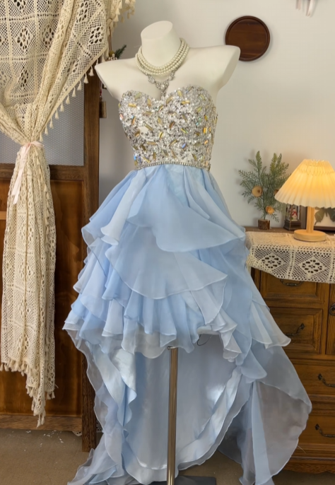 Sweet Blue Chiffon Homecoming Dress Ruffled Formal Dress  P1479