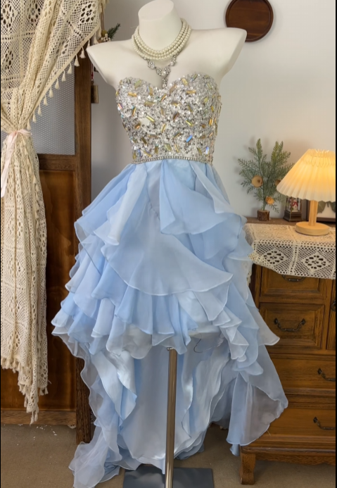 Sweet Blue Chiffon Homecoming Dress Ruffled Formal Dress  P1479