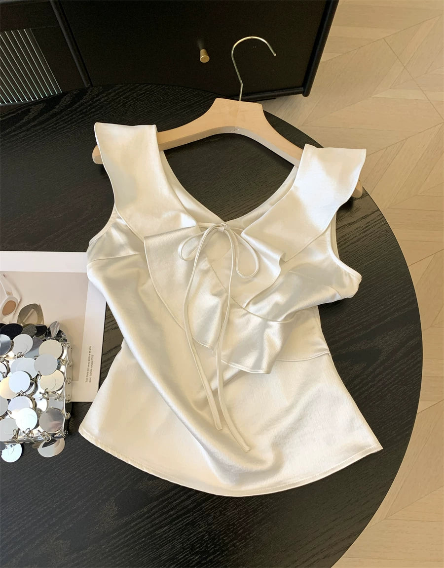 Sweet Ruffled Satin  Top for Summer   L132
