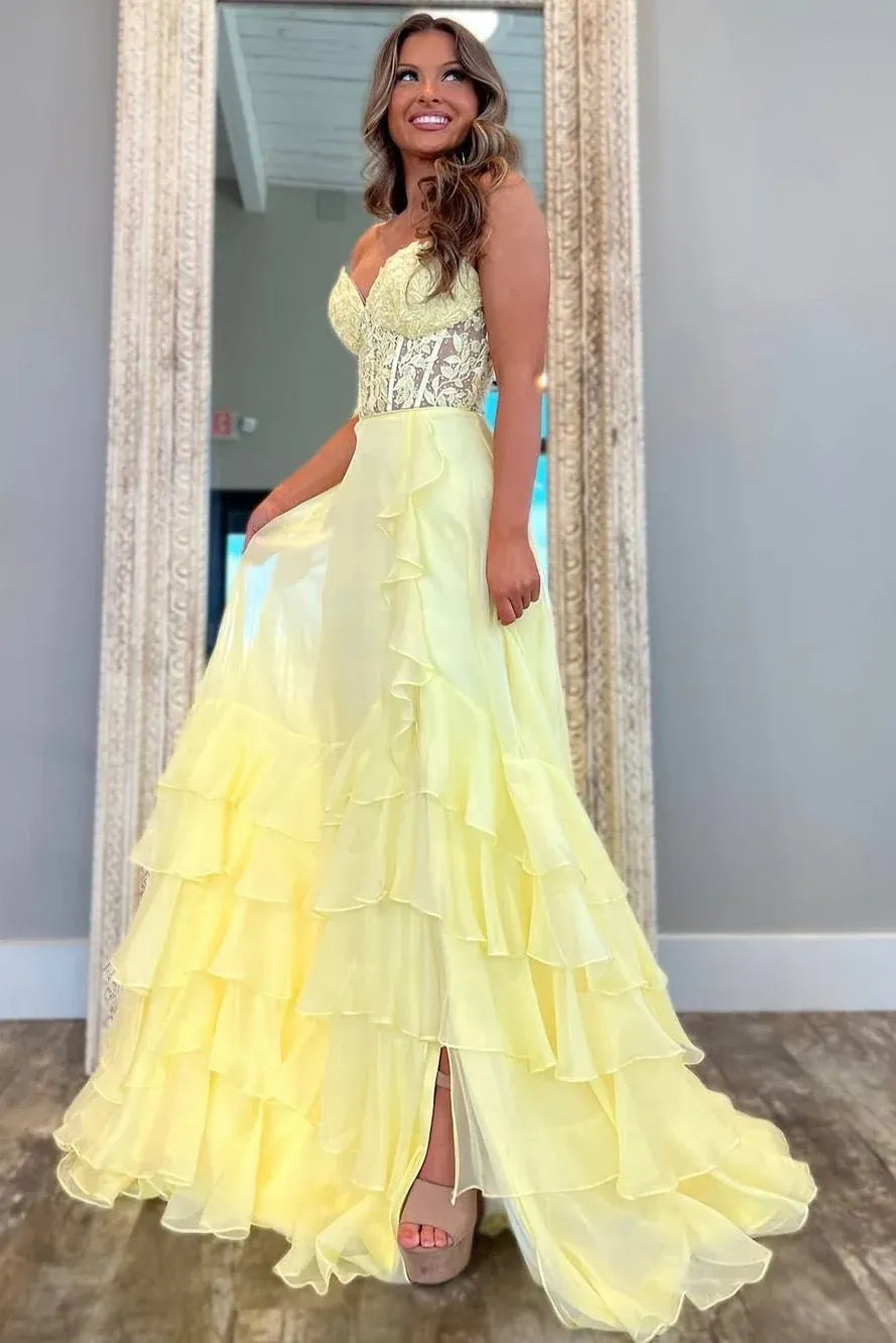 Sweetheart A-Line Chiffon Ruffles Floor-Length Prom Dress With Slit  P721