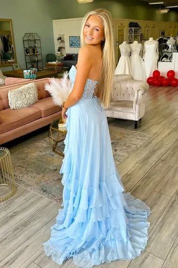Sweetheart A-Line Chiffon Ruffles Floor-Length Prom Dress With Slit  P721