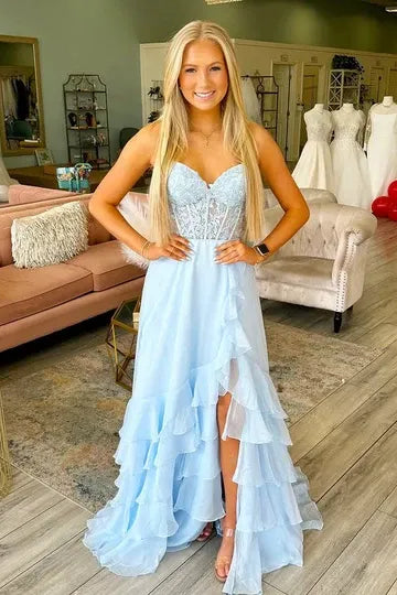 Sweetheart A-Line Chiffon Ruffles Floor-Length Prom Dress With Slit  P721