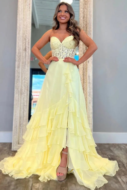 Sweetheart A-Line Chiffon Ruffles Floor-Length Prom Dress With Slit  P721