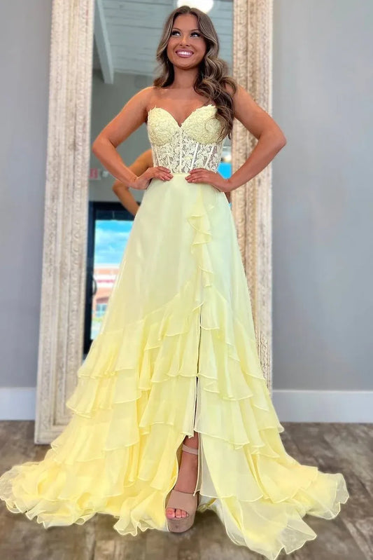 Sweetheart A-Line Chiffon Ruffles Floor-Length Prom Dress With Slit  P721