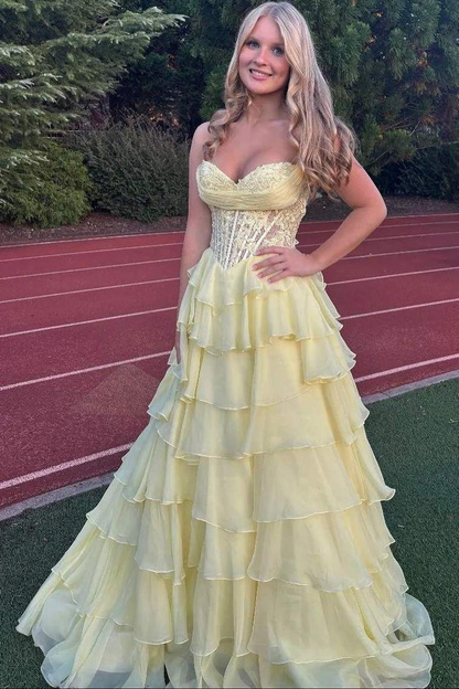 Sweetheart A-Line Strapless Layered V-Neck Appliques Chiffon Prom Dress  P867