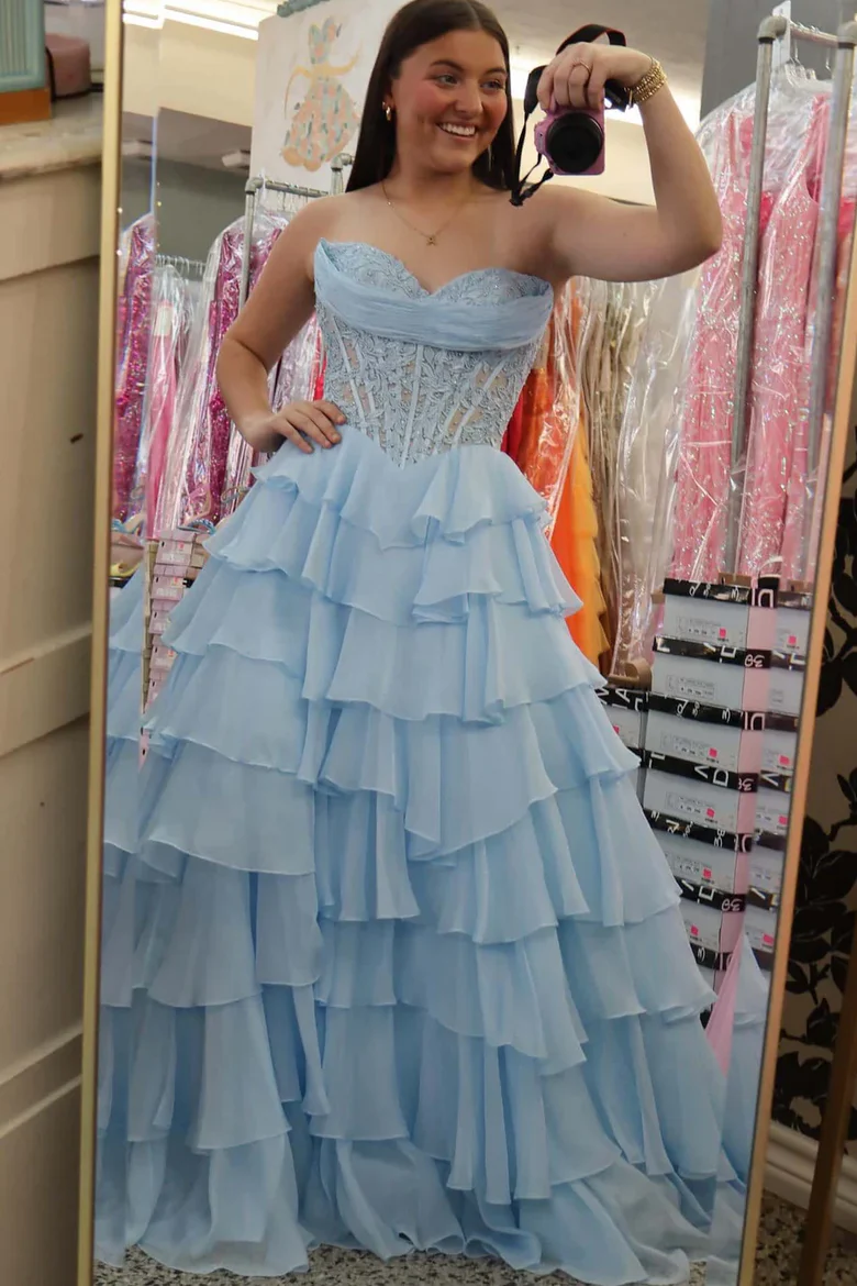 Sweetheart A-Line Strapless Layered V-Neck Appliques Chiffon Prom Dress  P867
