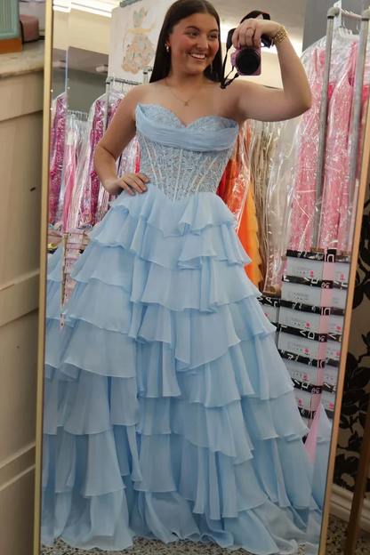 Sweetheart A-Line Strapless Layered V-Neck Appliques Chiffon Prom Dress  P867