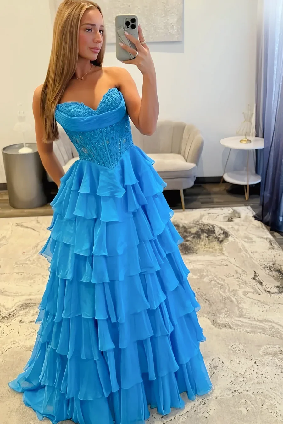 Sweetheart A-Line Strapless Layered V-Neck Appliques Chiffon Prom Dress  P867