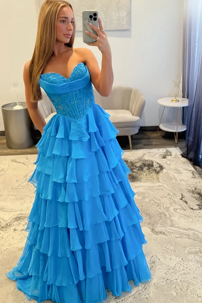 Sweetheart A-Line Strapless Layered V-Neck Appliques Chiffon Prom Dress  P867