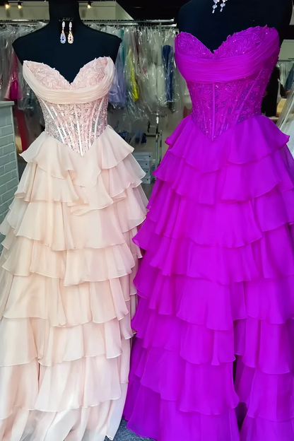 Sweetheart A-Line Strapless Layered V-Neck Appliques Chiffon Prom Dress  P867