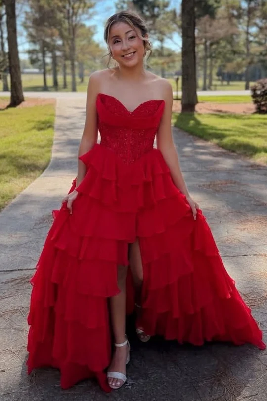 Sweetheart A-Line Strapless Layered V-Neck Appliques Chiffon Prom Dress  P867