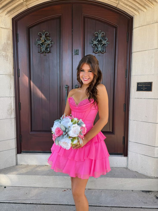 Sweetheart A Line Hot Pink Layered Homecoming Dress  P1542
