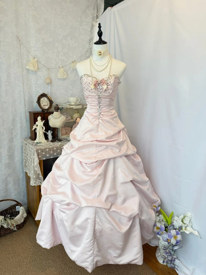 Sweetheart A Line Pink Satin Birthday Dress Retro Prom Dress   P1511
