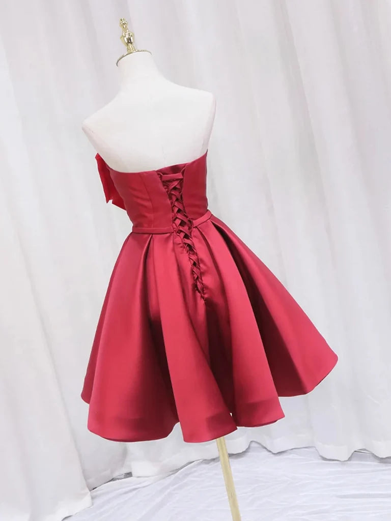 Sweetheart A Line Red Satin Homecoming Dress Short Birthday Dress  P2352