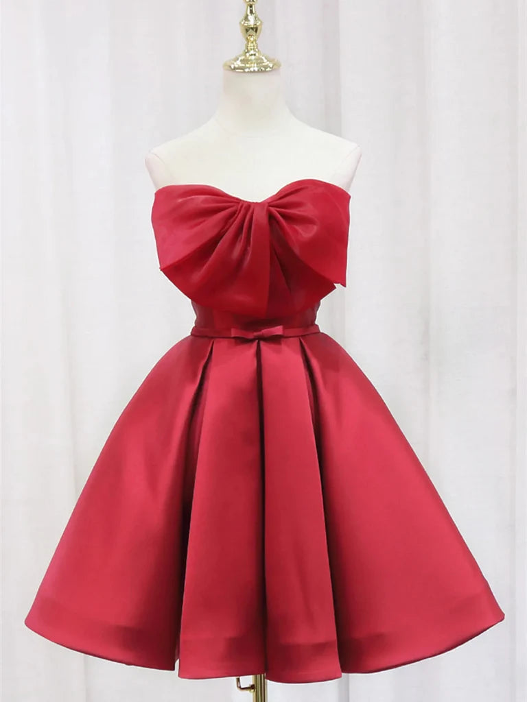 Sweetheart A Line Red Satin Homecoming Dress Short Birthday Dress  P2352