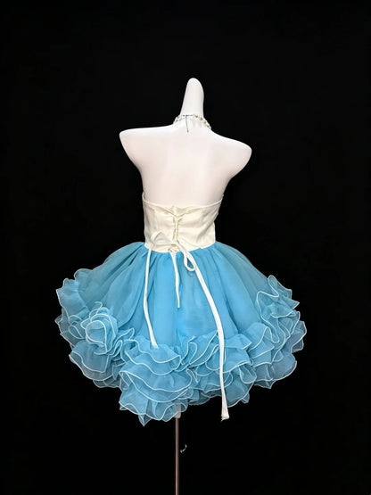 Sweetheart A Line Ruffled White Blue Birthday Dress  P1732