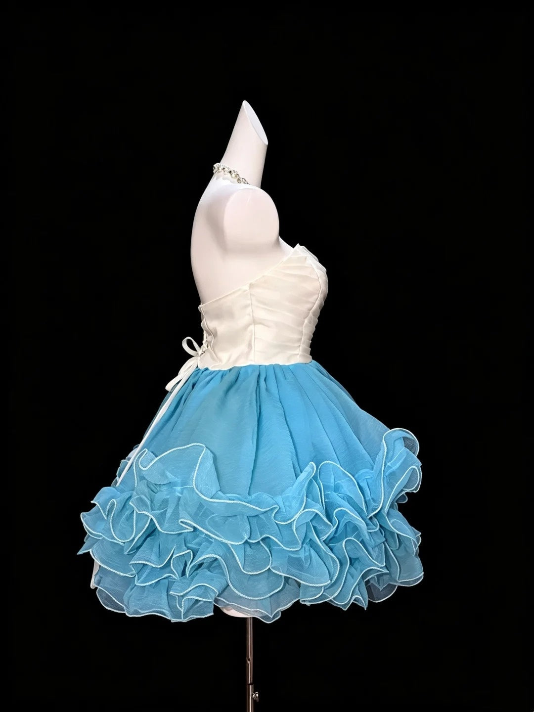 Sweetheart A Line Ruffled White Blue Birthday Dress  P1732