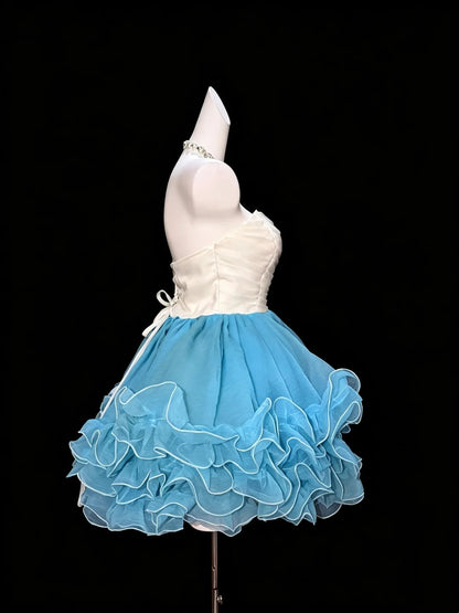 Sweetheart A Line Ruffled White Blue Birthday Dress  P1732