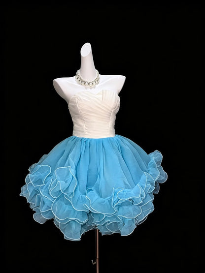 Sweetheart A Line Ruffled White Blue Birthday Dress  P1732