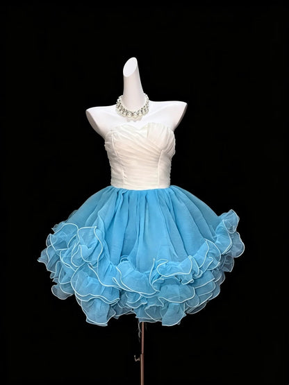 Sweetheart A Line Ruffled White Blue Birthday Dress  P1732
