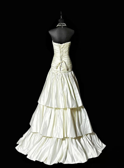 Sweetheart A Line Satin Wedding Dress Retro Evening Gown   P1775