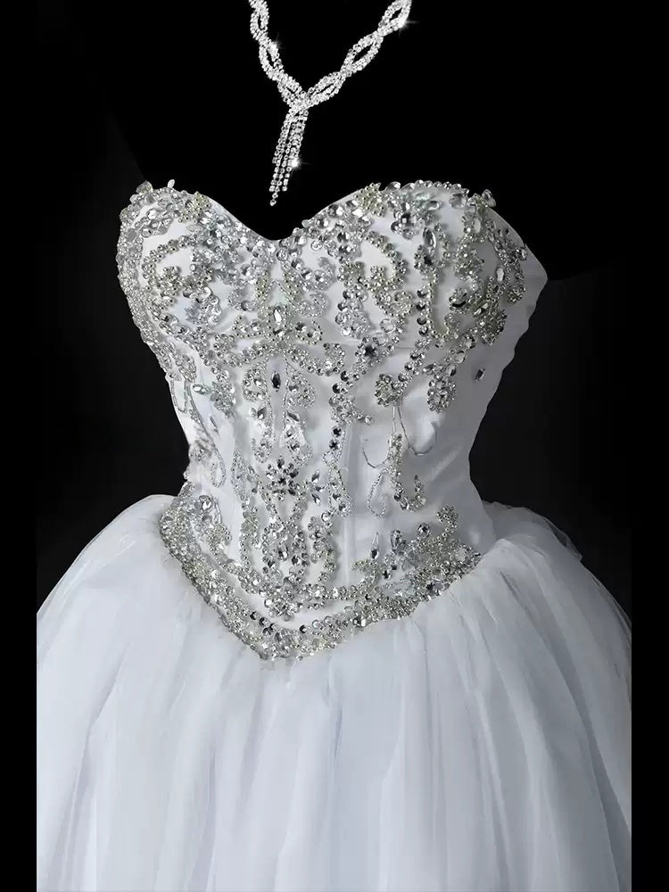 Sweetheart A Line Tulle Wedding Dress Beaded Graduation Dress  P690